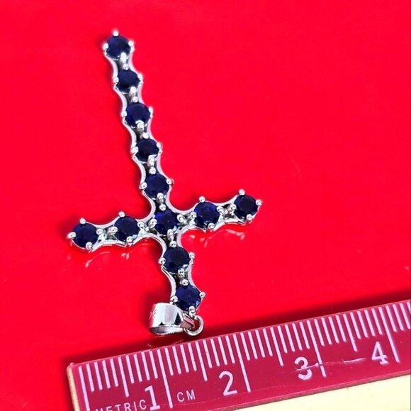 925 Sterling Silver Pendant Cross 2.5x4cm with Natural Sapphire Gem - Picture 5 of 7